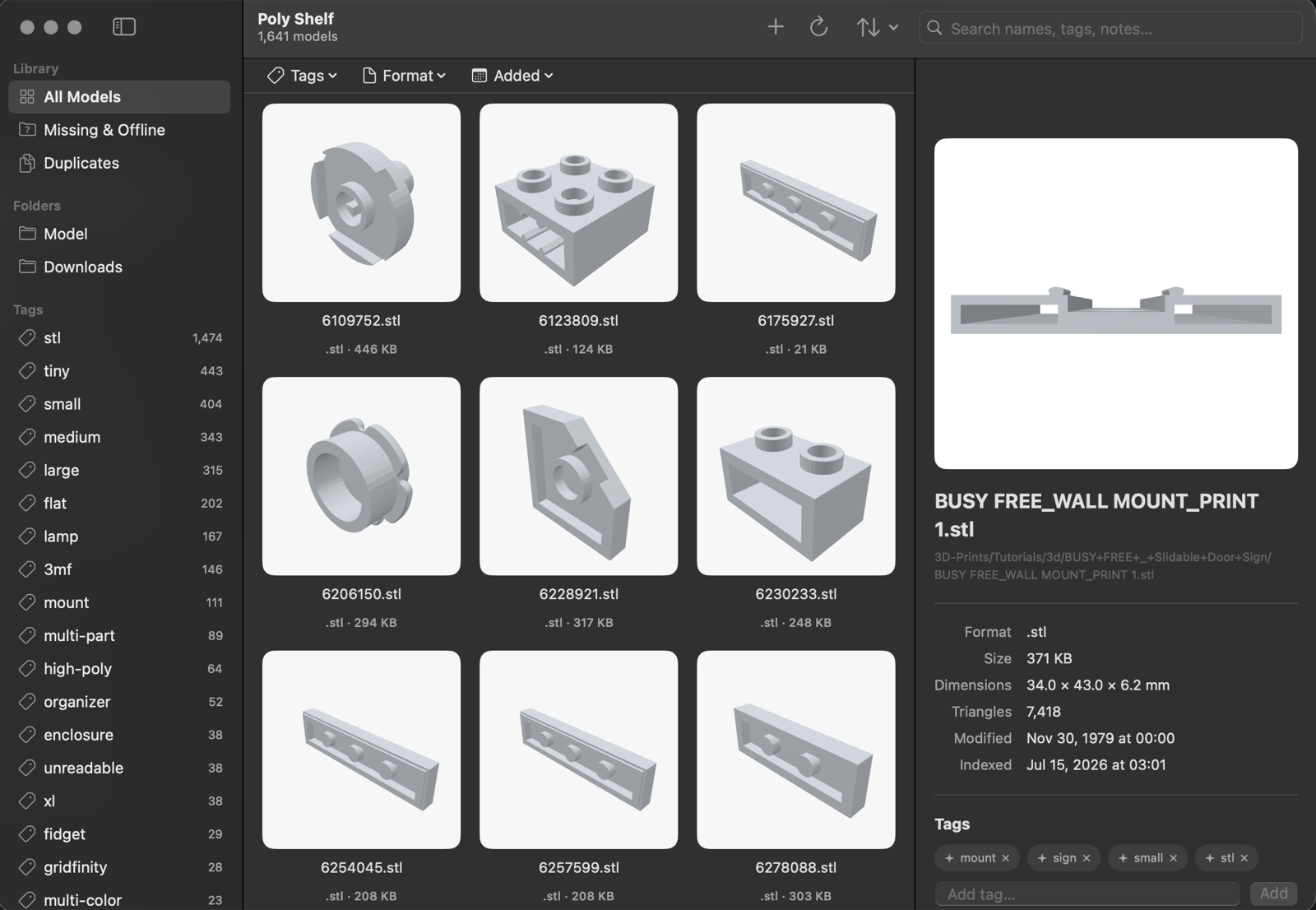 Poly Shelf detail inspector showing a wall-mount model with preview, 34 × 43 × 6.2 mm dimensions, 7,418 triangles, and editable tags