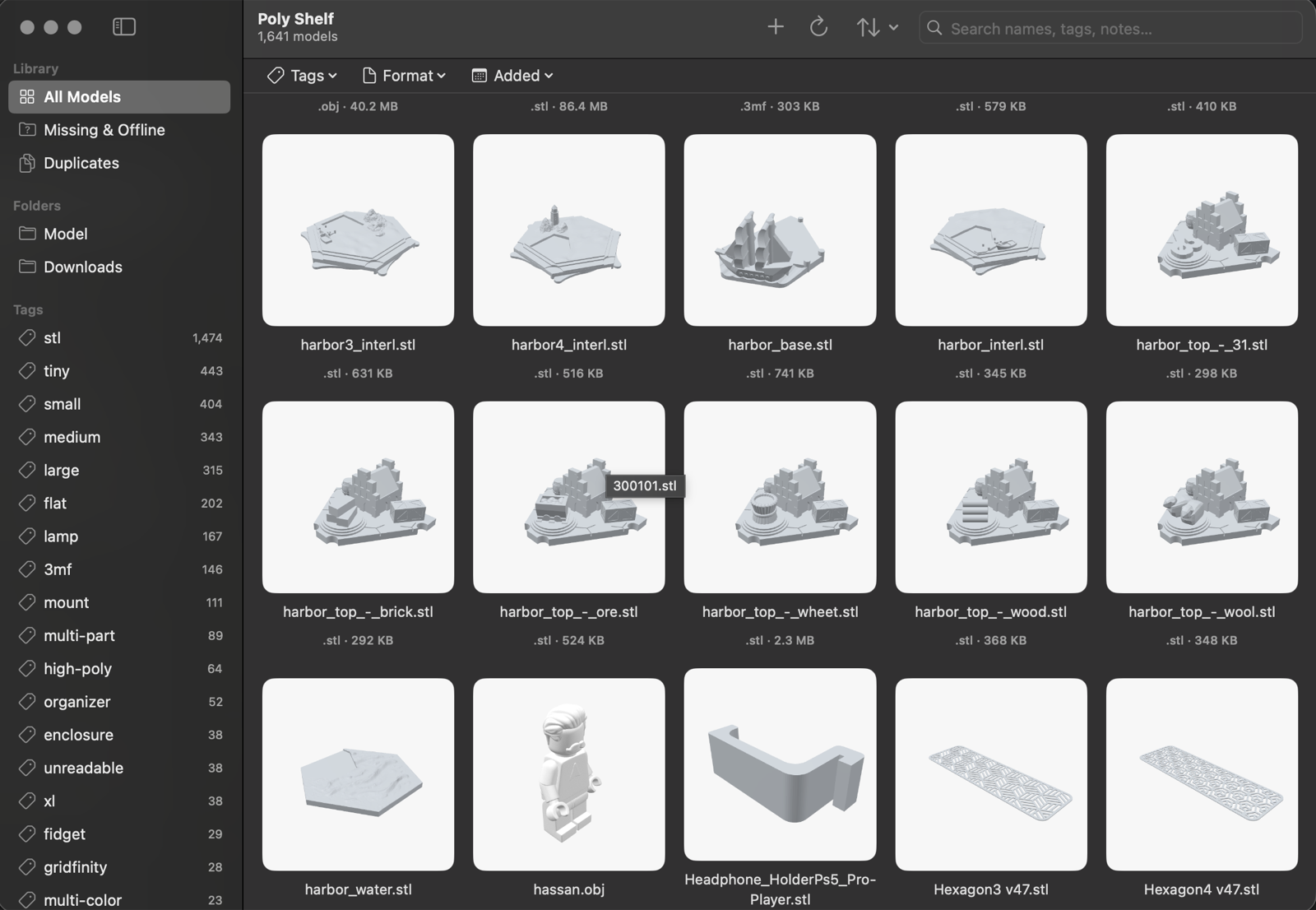 Poly Shelf on macOS: a library of 1,641 models with geometry-rendered thumbnails, a tag sidebar with counts, and filters for tags, format, and date added